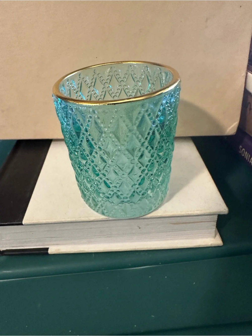 Teal Textured Glass Candle Holder with Gold Rim